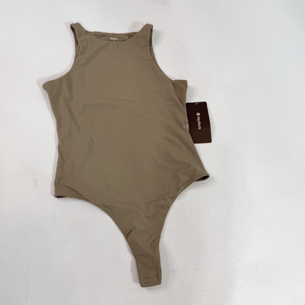 HeyNuts Bodysuit Womens Medium Beige High Neck Sleeveless Thong Back ML002 Snap‎